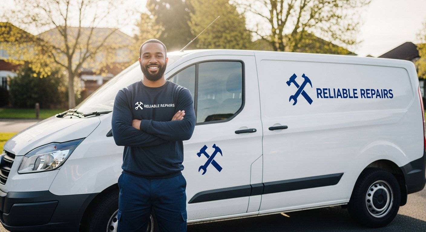 Confident tradesperson from Yorkshire Electric & Plumbing standing in front of work van on a Yorkshire residential street