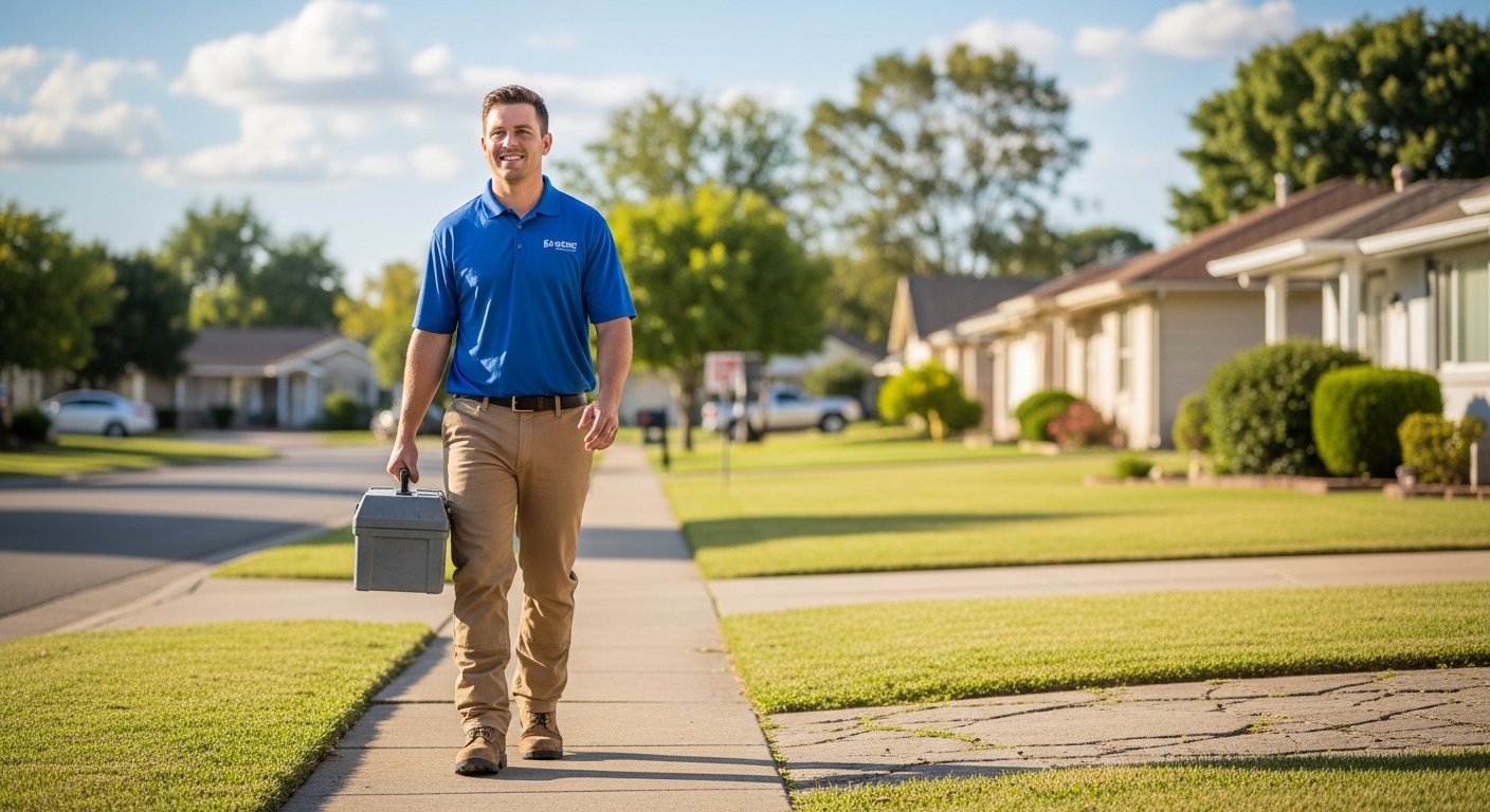 Friendly tradesperson having a conversation with a homeowner at the front door of a Yorkshire stone terraced house
