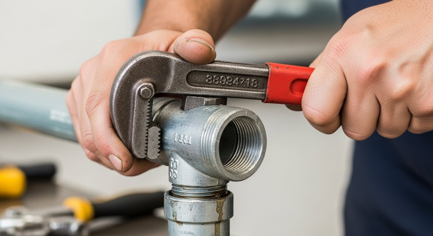 Skilled hands working on copper pipe fittings with a pipe wrench for leak detection and pipework services in Yorkshire